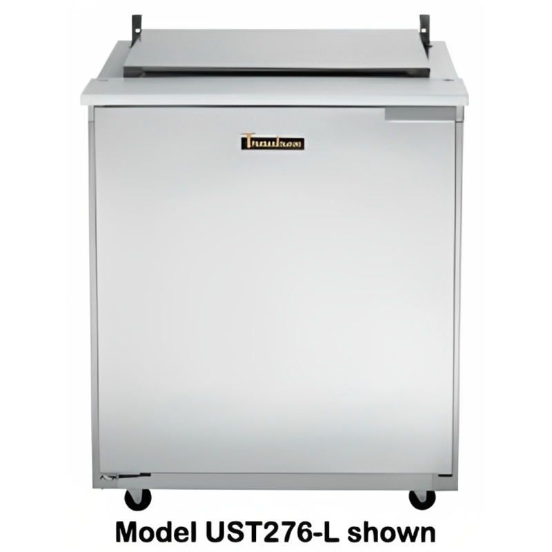 Traulsen UST2312-L-SB 1-Section Left Hinged 1 Door Refrigerated Salad/Sandwich Prep Table with Low Profile Flat Lid & Stainless Steel Back 32" - Holds (12) 1/6 Size Pans - 8.8 cu. ft. - 115v