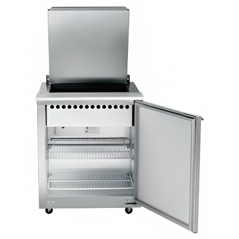 Traulsen UST279-R-SB 1-Section Right Hinged 1 Door Refrigerated Salad/Sandwich Prep Table with Low Profile Flat Lid & Stainless Steel Back 27" - Holds (9) 1/6 Size Pans - 7.7 cu. ft. - 115v