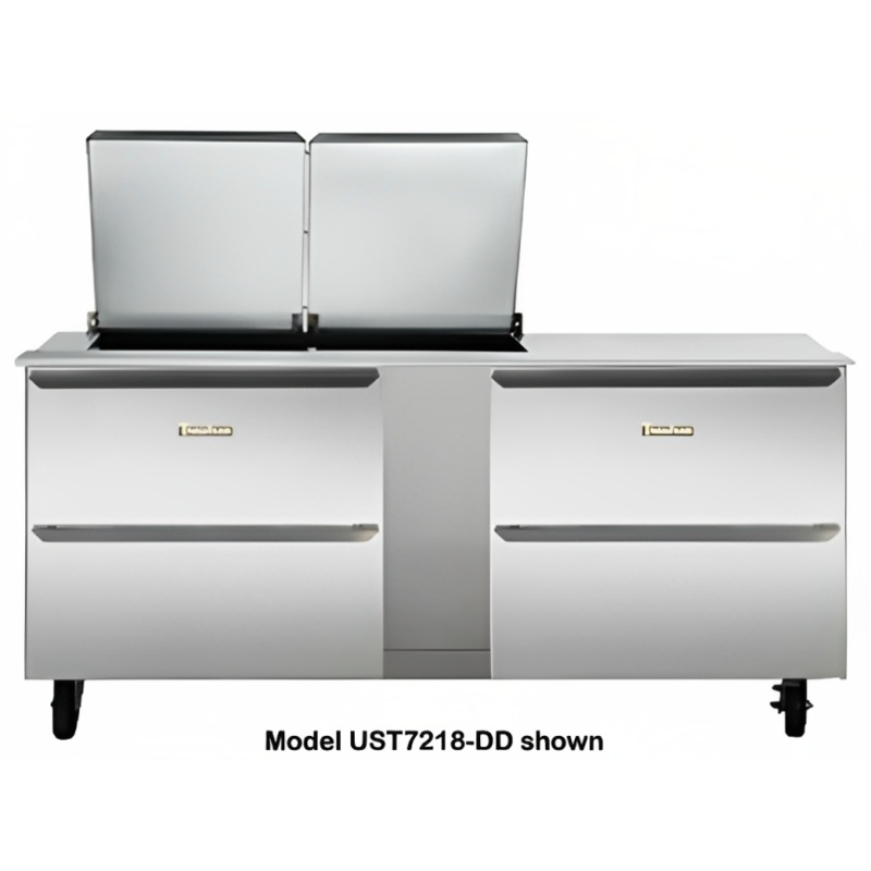 Traulsen UST7212-DD 2-Section 4 Drawer Refrigerated Salad/Sandwich Prep Table with Low Profile Flat Lid 72" - Holds (12) 1/6 Size Pans - 20 cu. ft. - 115v
