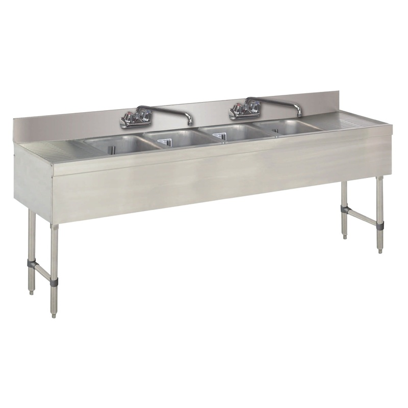 Advance Tabco SLB-64C-X Special Value 4-Compartment Underbar Sink 72" with 2 Splash Mount Faucets and 10" x 14" x 10" Deep Bowl - Left/Right Drainboard