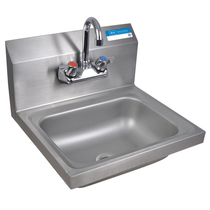 BK Resources BKHS-W-1410-P-G Stainless Steel Wall Mount Hand Sink with Splash Mount Faucet and 14" x 10" x 5" Deep Bowl