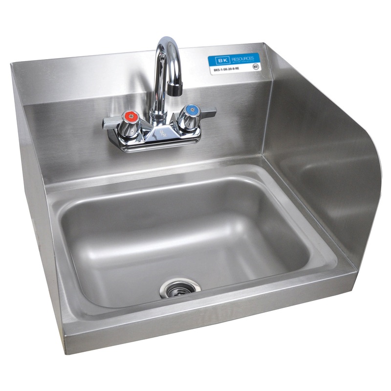 BK Resources BKHS-W-1410-SS-P-G Stainless Steel Wall Mounted Hand Sink 17" with Splash Mount Gooseneck Faucet, Dual Side Splash and 14" x 10" x 5" Deep Bowl