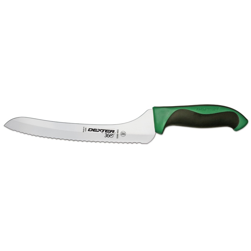 Dexter-Russell S360-9SCG-PCP Dexter 360 Scalloped Offset Slicer Knife with Black/Green Handle 9"