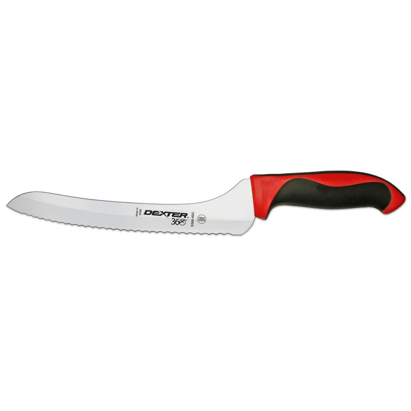 Dexter-Russell S360-9SCR-PCP Dexter 360 Scalloped Offset Slicer Knife with Black/Red Handle 9"