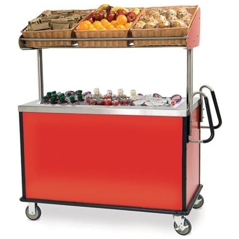 Lakeside 668 Stainless Steel/Laminate Breakfast/Vending Cart with Overhead Shelf & 3 Wicker Baskets, and Ice Bin 28-1/4" x 52-1/4" x 67"