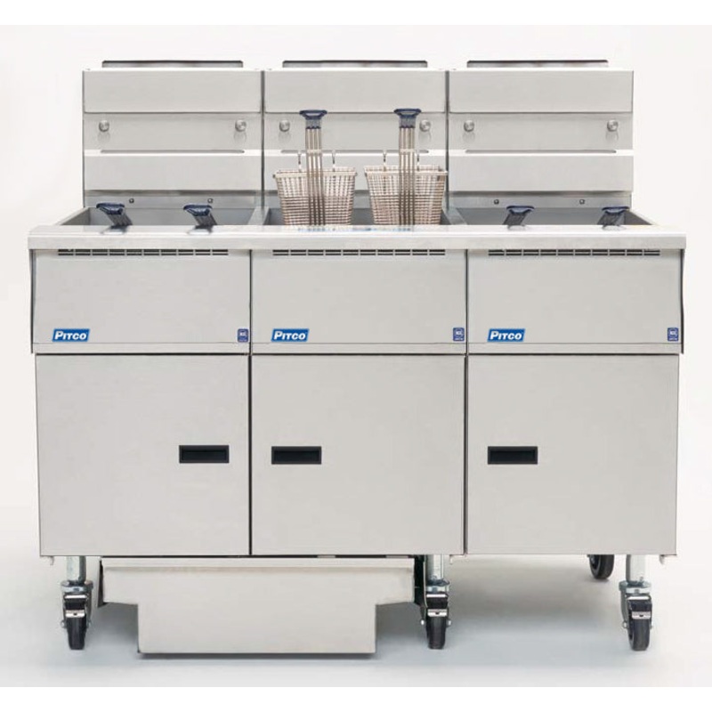Pitco SE14S-3FD-SSTC Solstice 3 Bank Floor Electric Fryer with Solid State Controls and Under-Fryer Drawer Filtration 150 lb./cap - 208v/3-ph, 51kW