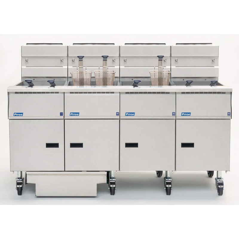 Pitco SE14X-4FD-SSTC Solstice 4 Bank Floor Electric Fryer with Solid State Controls and Under-Fryer Drawer Filtration 200 lb./cap - 208v/3-ph, 56kW