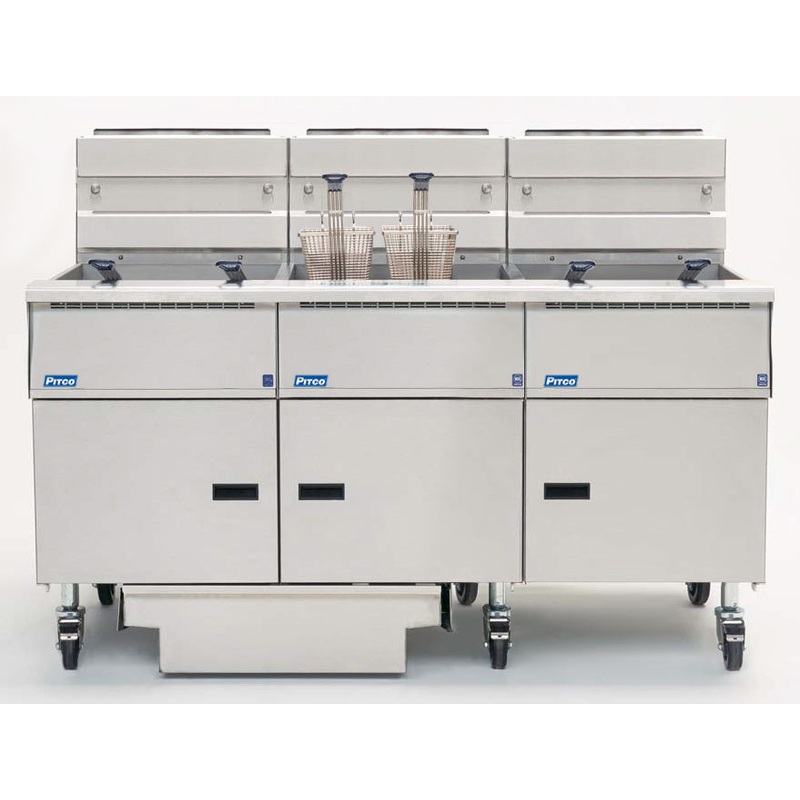 Pitco SE18S-3FD-SSTC Solstice 3 Bank Floor Electric Fryer with Solid State Controls and Under-Fryer Drawer Filtration 210-270 lb./cap - 208v/3-ph, 51kW