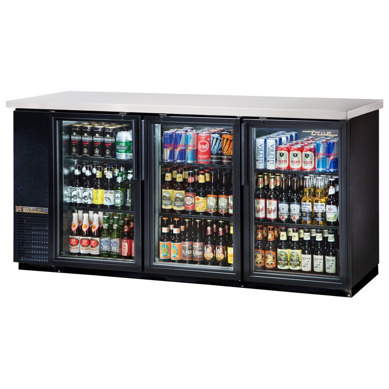 True TBB-24-72G-HC-LD Black 3 Glass Swing Door 24" Deep Back Bar Refrigerator 73" - Holds (84) 6-Packs or (3) Half Barrel - 115v