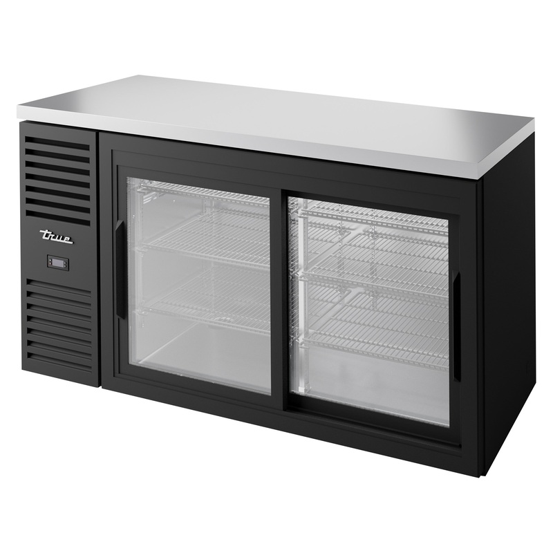 True TBR60-RISZ1-L-B-11-1 Black 2 Glass Slide Door Single Zone Back Bar Refrigerator 60" - Holds (101) 6-pack cans or (63) 6-pack bottles - 115v