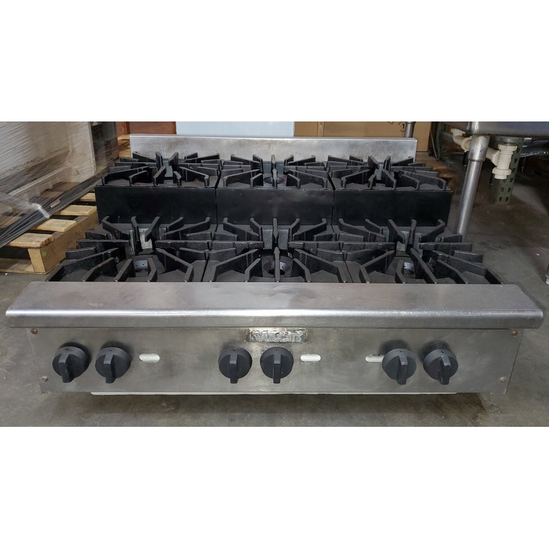 Used Restaurant Equipment - Vulcan VHP636U Achiever Countertop Step-Up Natural Gas Hotplate with 6 Burners 36" - 6 x 30,000 BTU