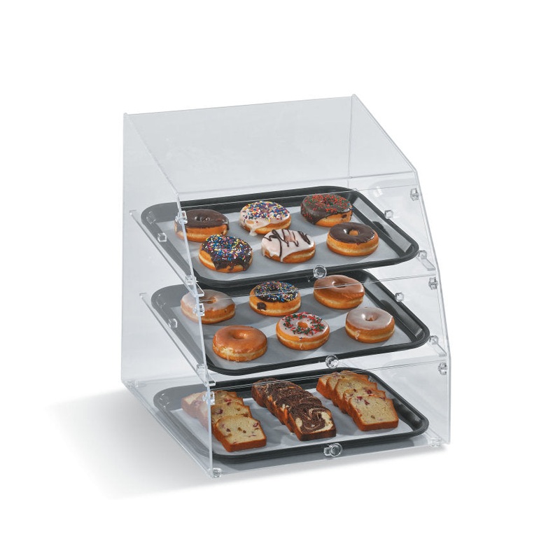 Vollrath MBC1014-3R-06 Countertop Knock-Down 3-Tray Curved Front Acrylic Bakery Display Case with Split Rear Door Doors
