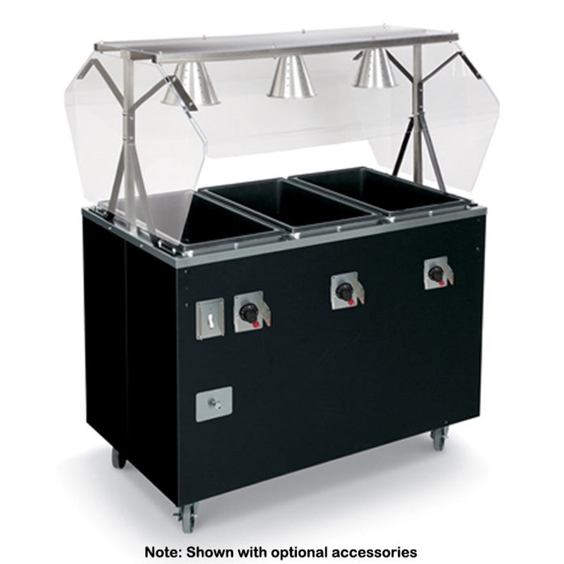Vollrath T387072 2-Series Affordable Portable Deluxe Electric 3-Well Hot Food Table with Closed Base and Sneeze Guard 46" - Black - Sealed Well - 208-240v
