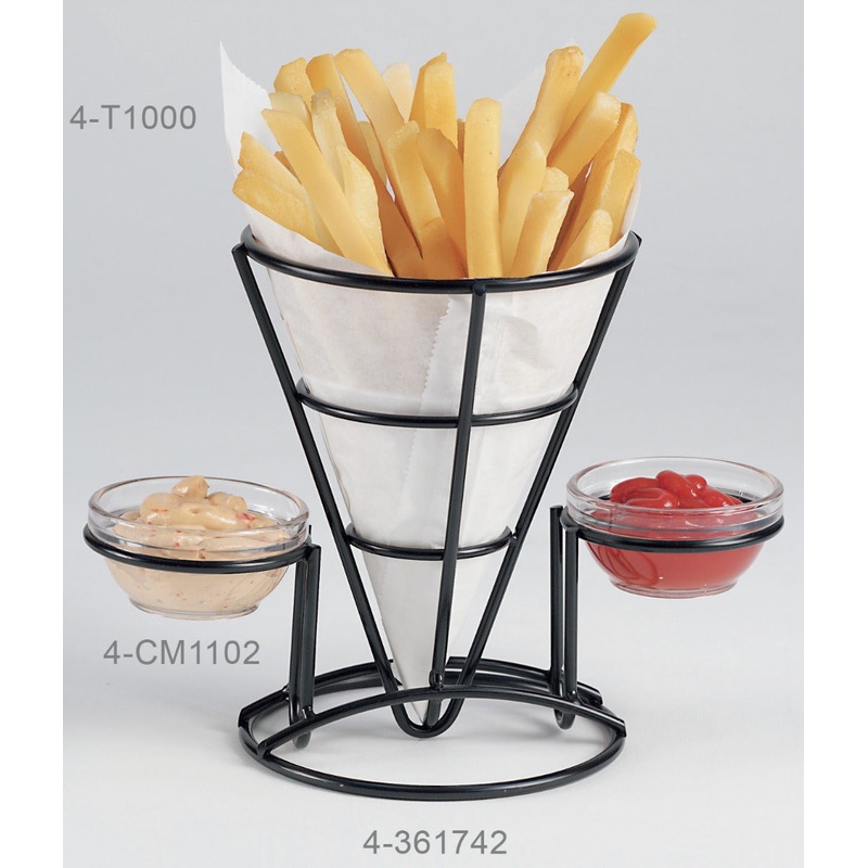 GET 4-361742 Specialty Servingware Black Iron Wire Fry Cone Basket w/ 2 Ramekin Holders 5" x 7"H - 12/Case