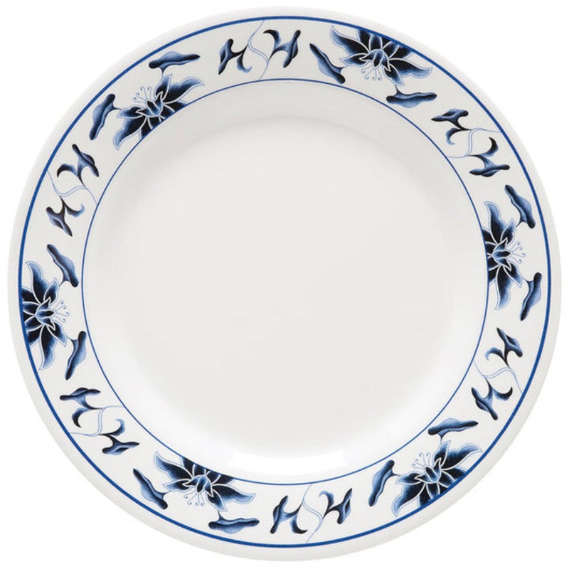 GET M-5090-B Water Lily Melamine Round Dinner Plate 10-1/2" - White w/ Blue Rim - 12/Case