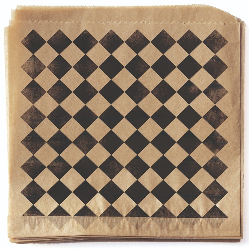 GET P-BKC-77- BR Food-Safe Double-Open Bag / Wire Cone Basket Liner 7" x 7" - Rustic Black Checker on Brown - 2000/Case