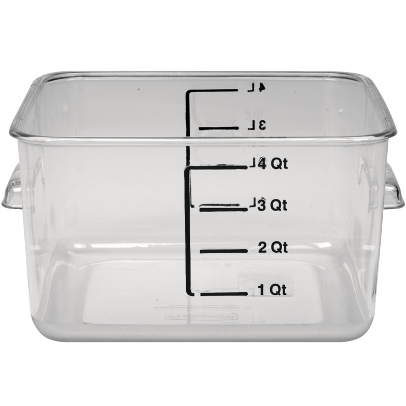 Rubbermaid FG630400CLR Space Saving Plastic Square Food Storage Container with Liter and Qt. Gradations 4 Qt - Clear