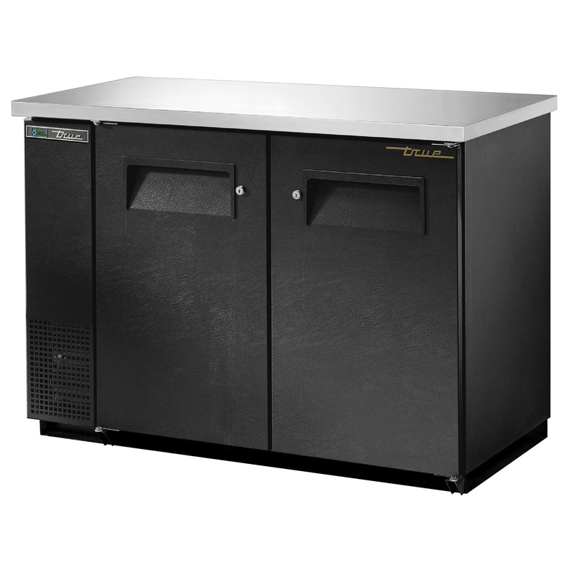 True TBB-24-48-HC Black 2 Solid Swing Door 24" Deep Back Bar Refrigerator 49" - Holds (48) 6-Packs or 2 Half Barrels