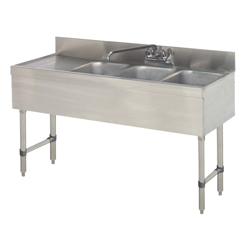 Advance Tabco SLB-43L-X Special Value Stainless Steel 2-Compartment Underbar Sink 48" with 1 Splash Mount Faucet and 10" x 14" x 10" Deep Bowl - Right Drainboard