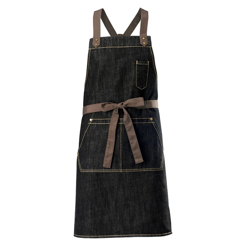 Winco BADN-3126 Signature Chef Heavyweight Full Length Denim Bib Apron with Brown Cross-Back Straps & 3 Pockets 31-3/4"L x 26-3/4"W - Dark Wash Blue