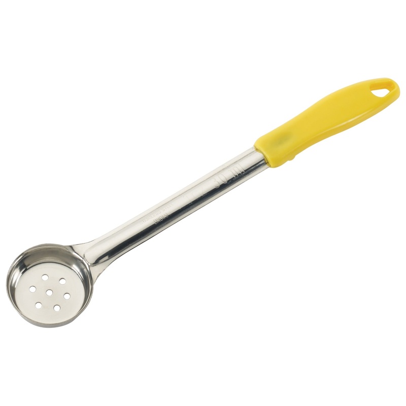 Winco FPP-1 One-Piece Stainless Steel Perforated Round Food Portioner with Yellow Plastic Handle 1 oz.