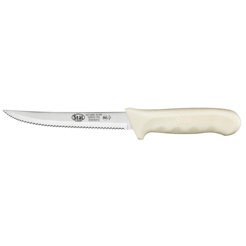 Winco KWP-50 Stal High Carbon Steel Wavy Edge Utility Knife with 5-1/2" Blade and White Polypropylene Offset Handle