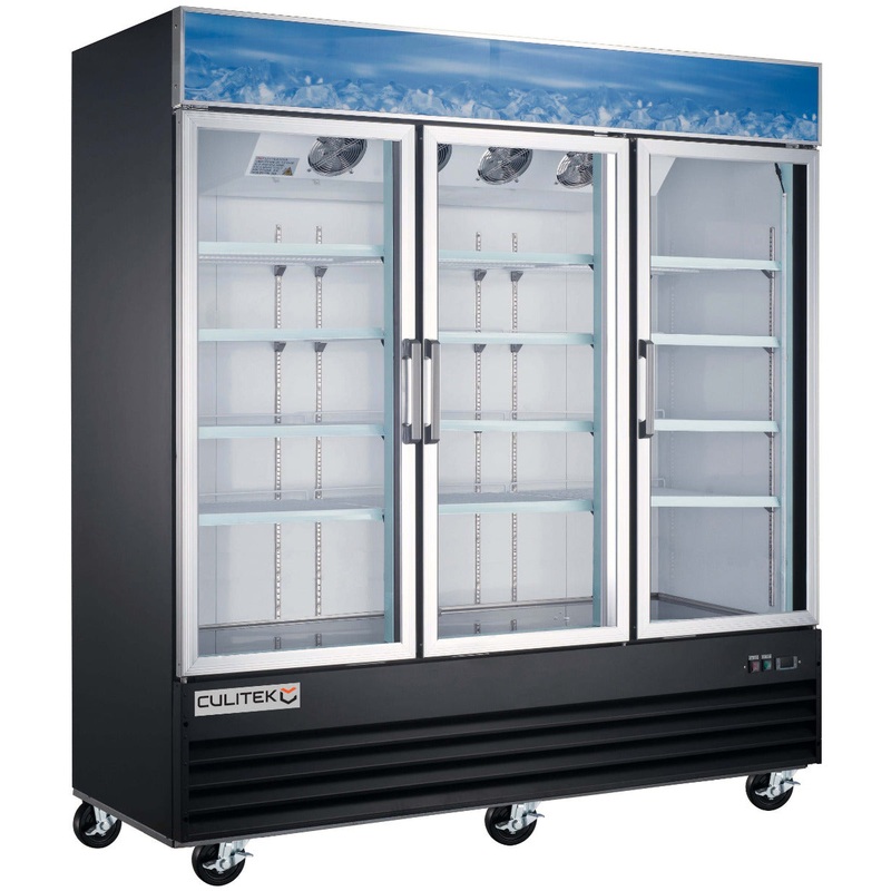 Culitek MRFS-3D/79 SS-Series Black 3-Section 3 Glass Swing Door Merchandiser Refrigerator 78-1/4" - 53 cu. ft. - 115v