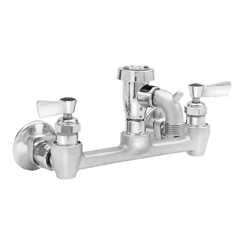 Fisher 2445 Wall Mounted Service Sink Faucet with 8" Centers, 3" Short Spout with Pail Hook & Hose Thread, Vacuum Breaker, and Lever Handles