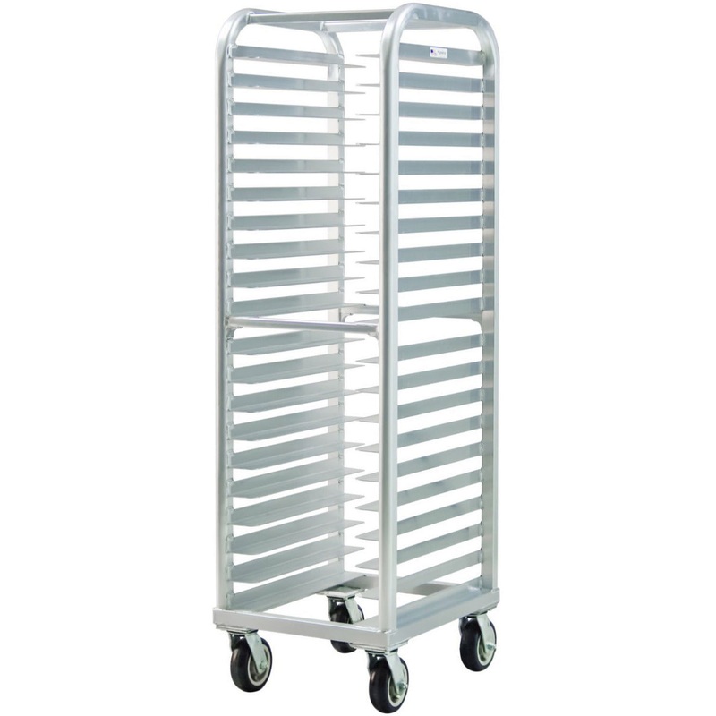 New Age 4339 Lifetime Series Aluminum End Loading Mobile Wide-Angle Bun / Sheet Pan Rack w/ 3" Bottom Load Slides 73"H - 20 pan/capacity