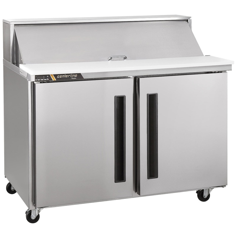 Traulsen Centerline CLPT-4812-SD-LR 2-Section Left/Right Hinged 2 Solid Door Compact Refrigerated Sandwich/Salad Prep Table with Roll-Top Lid 48" - Holds 12 (1/6) 4" deep pans (included) - 115v