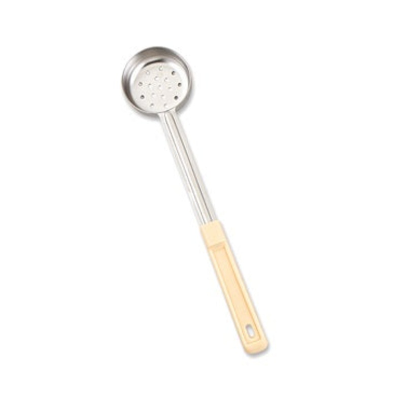 Browne 5757431 Color-Coded One-Piece Stainless Steel Perforated Round Food Portioner with Beige Plastic Handle 3 oz.