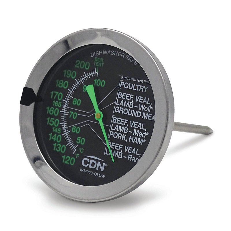 CDN IRM200-GLOW Oven-Proof Dial Probe Meat/Poultry Thermometer with 5" Stem and 2" Glow-In-The-Dark Dial - 120 to 200 Degrees F