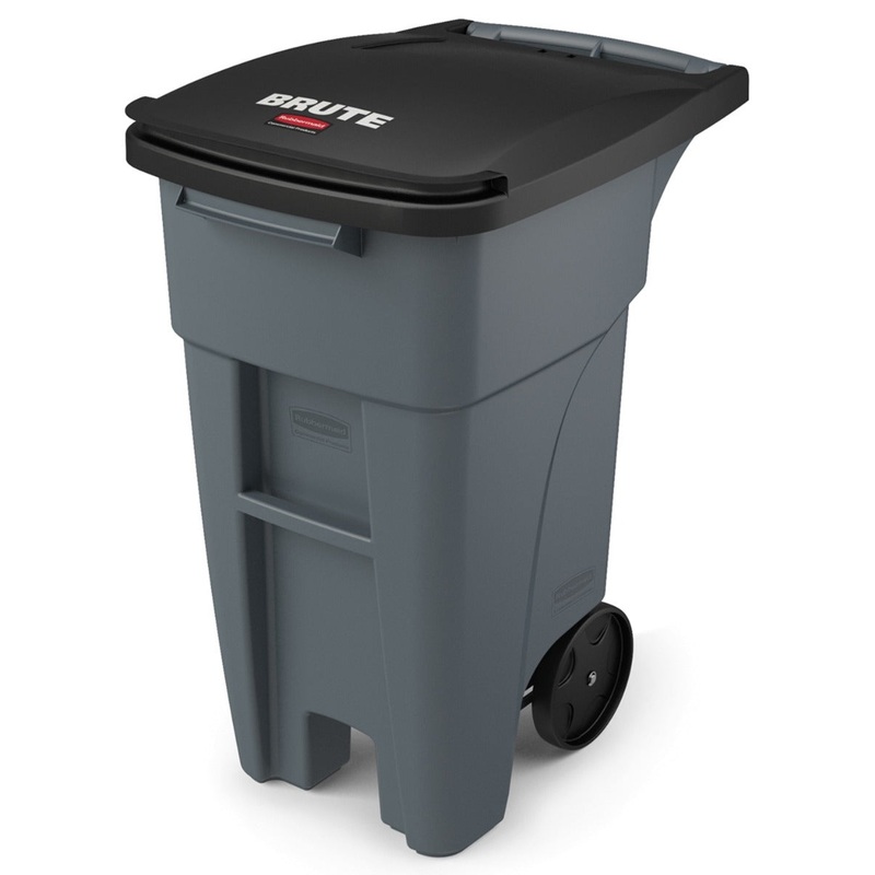 Rubbermaid 1971941 BRUTE Standard Rollout Container / Wheeled Rectangular Trash Can with Lid 32 gal. - Gray