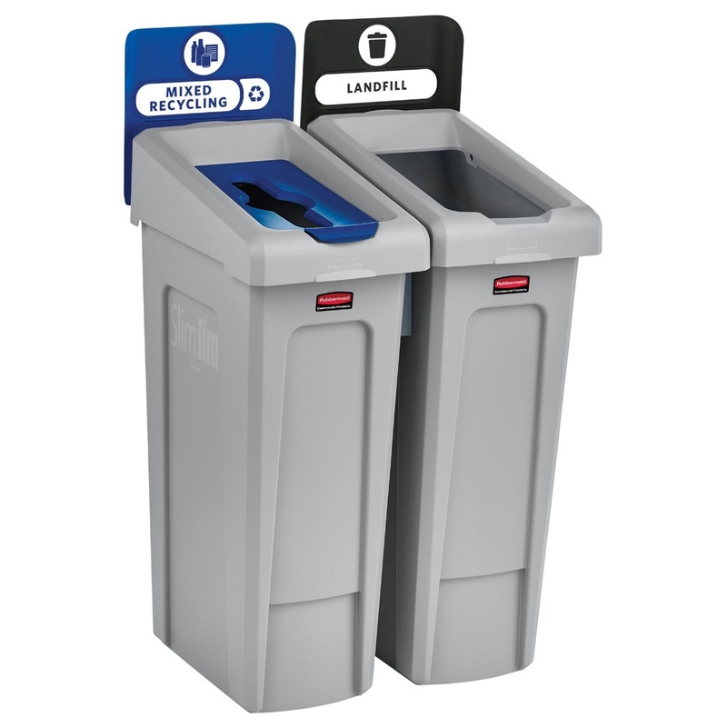 Rubbermaid 2007914 Slim Jim 2-Stream Rectangular Recycling Waste Container / Trash Cans with (1) Landfill, and (1) Mixed Lid 46 gal.