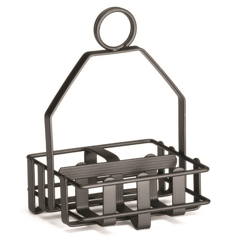 TableCraft 606RBK 3-Compartement Black Wire Salt & Pepper Shaker / Sugar Packet Condiment Rack with Merchandising Ring 4-1/4" x 4" x 6" - 6/Case