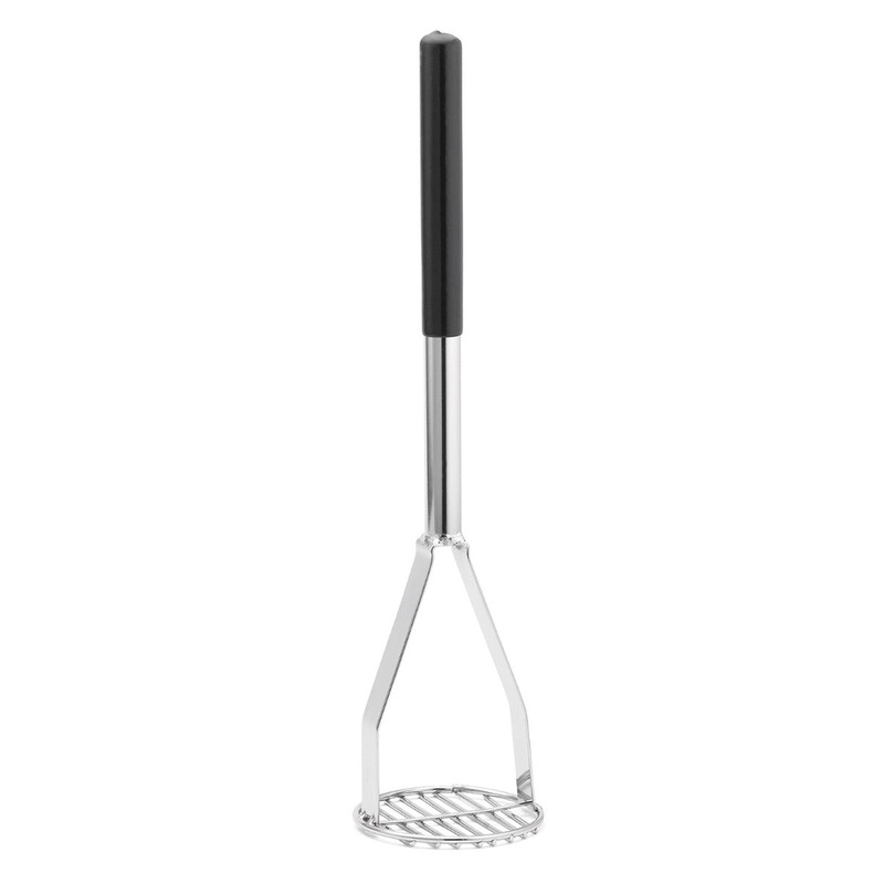 TableCraft 7319 Chrome-Plated Steel Potato Masher with 4-1/2" Round Face and Black Vinyl Handle 19-3/4"OAL - 4/Case
