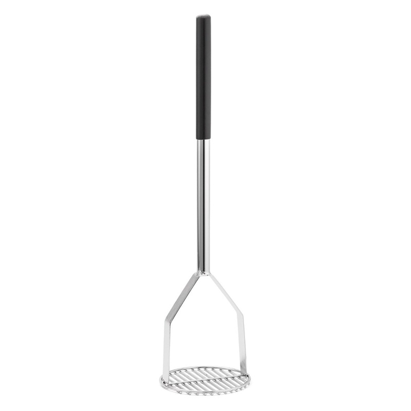 TableCraft 7324 Chrome-Plated Steel Potato Masher with 6" Round Face and Black Vinyl Handle 24"OAL