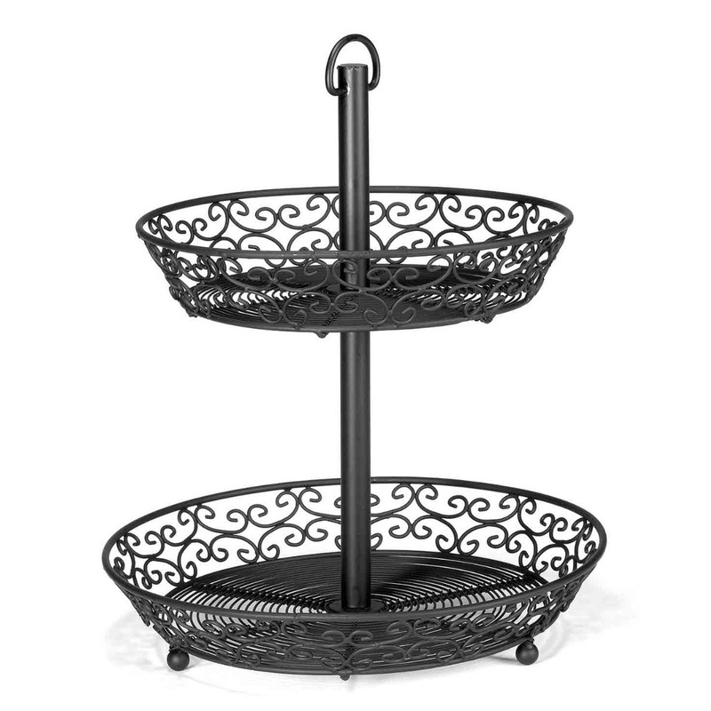 TableCraft BKT2A Mediterranean Collection Metal Two-Tiered Display / Fruit Basket with Legs 9" & 10-1/2" x 12-1/4"H - Black - 8/Case