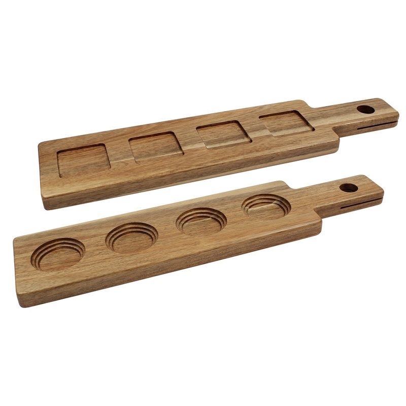 TableCraft FLIGHT2 Reversible Acacia Wood Paddle Tasting Flight 17" x 4" x 5/8" - Holds (4) Glasses (Not Included)