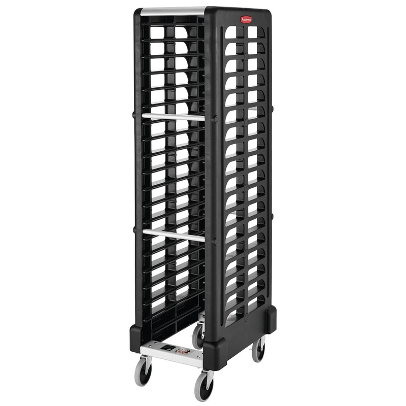 Rubbermaid FG331700BLA Max System Heat-Resistant Plastic End Load Mobile Food Pan Rack 67-7/8"H -18 Full Size Pan/Capacity - Black - Unassembled