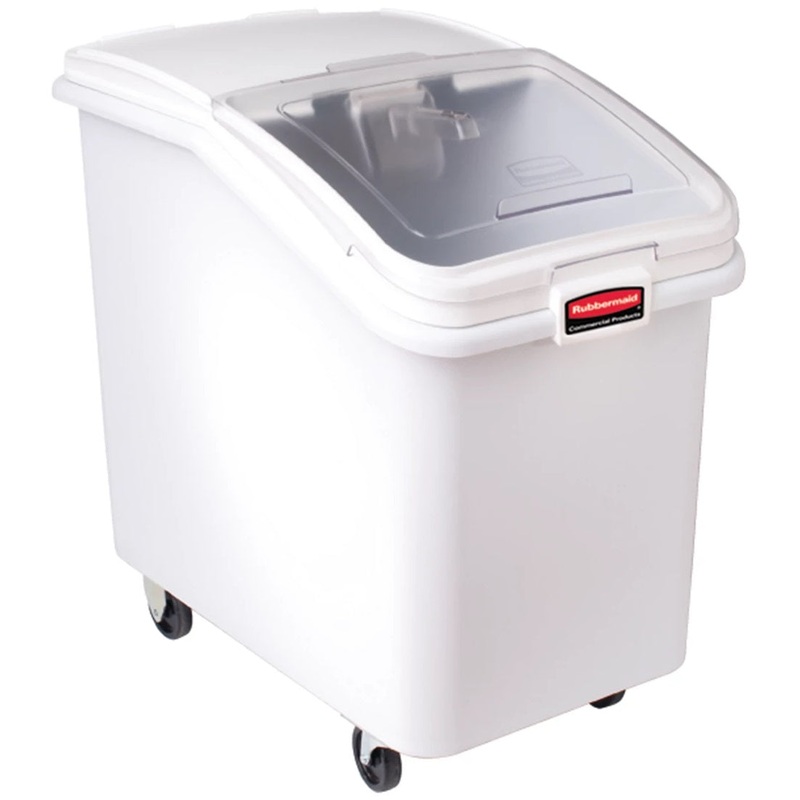 Rubbermaid FG360388WHT ProSave Mobile Slant Front Ingredient Bin with Sliding Hinged Lid & 32 oz Scoop - 600 cup/cap