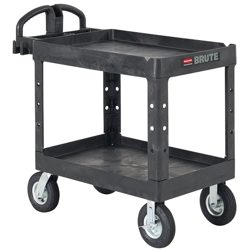 Rubbermaid FG452010BLA Medium Size (2) Lipped Shelf Heavy-Duty Utility Cart with Ergonomic Handle and 8" Pneumatic Casters 45-1/4"L x 25-7/8"W x 37-1/8"H - Black - 500 lb. Capacity