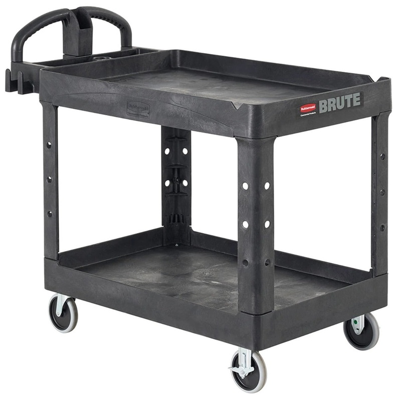 Rubbermaid FG452088BLA Medium Size (2) Lipped Shelf Heavy-Duty Utility Cart with Ergonomic Handle and 8" Pneumatic Casters 44"L x 25-1/4"W x 39"H - Black - 500 lb. Capacity