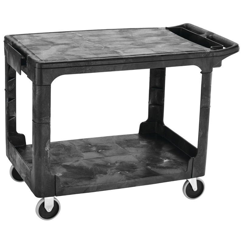 Rubbermaid FG452589BLA Medium Size (2) Flat Shelf Heavy-Duty Utility Cart with Extended Handle 44"L x 26"W x 33"H - Black - 500 lb. Capacity