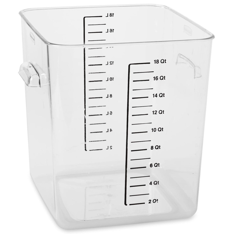 Rubbermaid FG631800CLR Space Saving Plastic Square Food Storage Container with Liter and Qt Graduations 18 Qt. - Clear