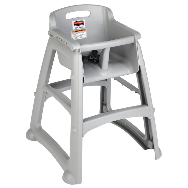 Rubbermaid FG780508PLAT Sturdy Chair Stackable Plastic High Chair / Youth Seat with Waist Strap & Wheels - Platinum - Assembled