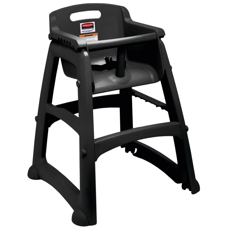 Rubbermaid FG780608BLA Sturdy Chair Stackable Plastic High Chair / Youth Seat with Waist Strap & w/o Wheels - Black - Assembled