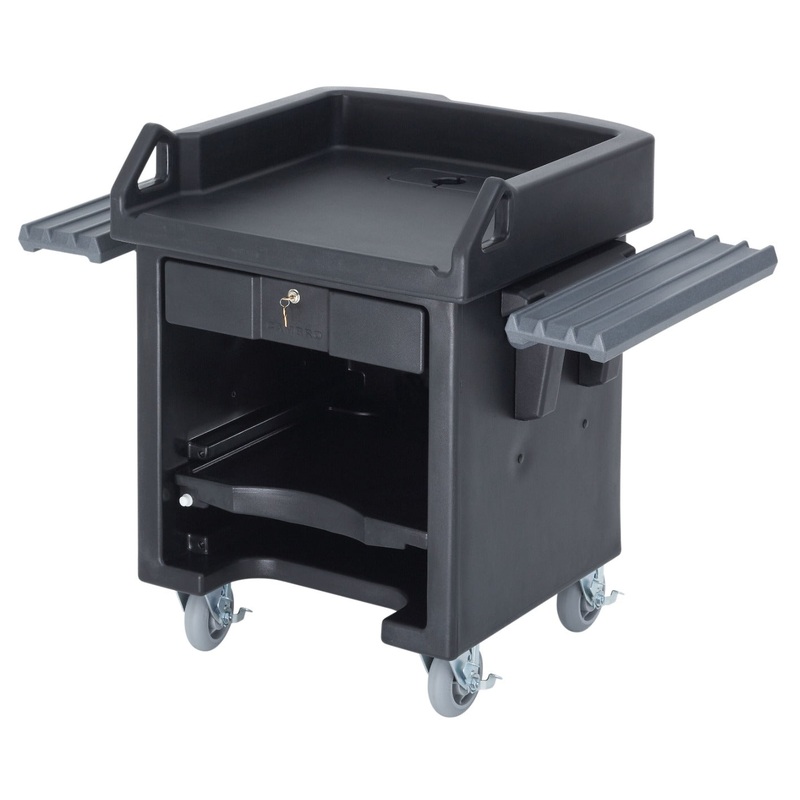 Cambro VCSWRHD110 Versa Cash Register Cart with Dual Adjustable Rails, Lockable Center Drawer and Heavy Duty Casters 52-3/4"L x 32"W x 43-3/4"H - Black