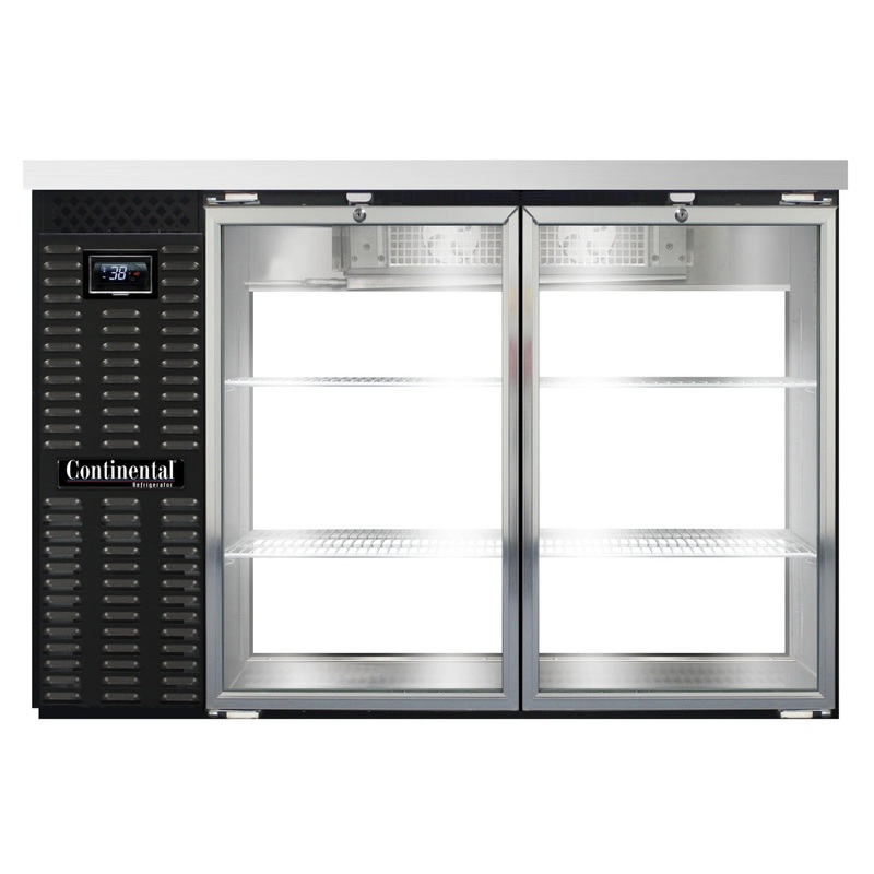 Continental Refrigerator BB50NGDPT Black 4 Glass Swing Door Standard Depth Pass-Thru Back Bar Refrigerator 50" - Holds (8) 1/6 Size Kegs or (2) Straight Wall Kegs - 115v