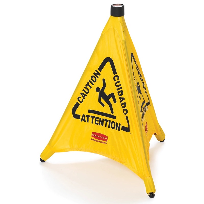 Rubbermaid FG9S0000YEL Multi-Lingual "Caution" Wet Floor Pop-Up Floor Cone Safety Sign with Wall-Mounted Case 20" - Yellow